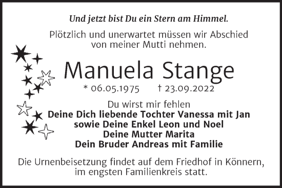 Traueranzeige von Manuela Stange von Trauerkombi Bernburg