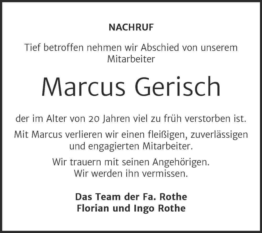  Traueranzeige für Marcus Gerisch vom 08.10.2022 aus Super Sonntag Zeitz