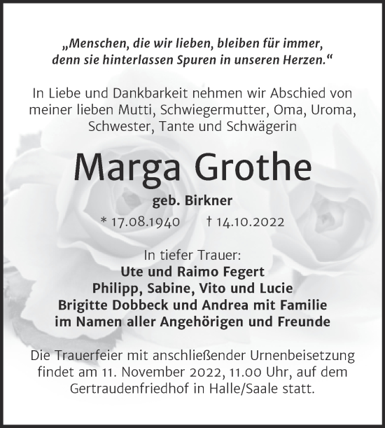 Traueranzeige von Marga Grothe von Mitteldeutsche Zeitung Halle/Saalkreis