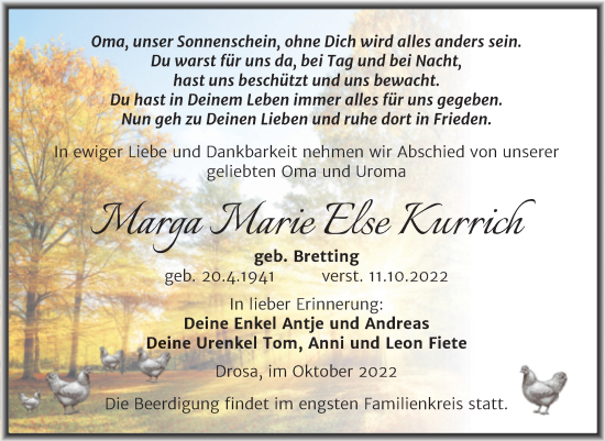 Traueranzeige von Marga Marie Else Kurrich von Trauerkombi Köthen