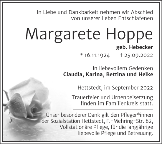 Traueranzeige von Margarete Hoppe von Trauerkombi Mansfelder Land
