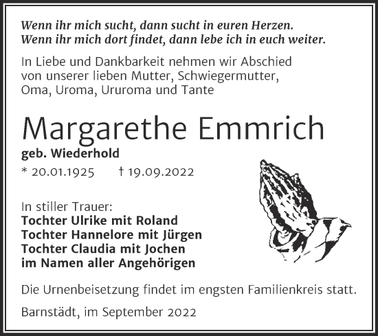 Traueranzeige von Margarethe Emmrich von Trauerkombi Merseburg