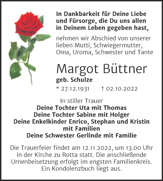 Traueranzeige von Margot Büttner von Trauerkombi Wittenberg
