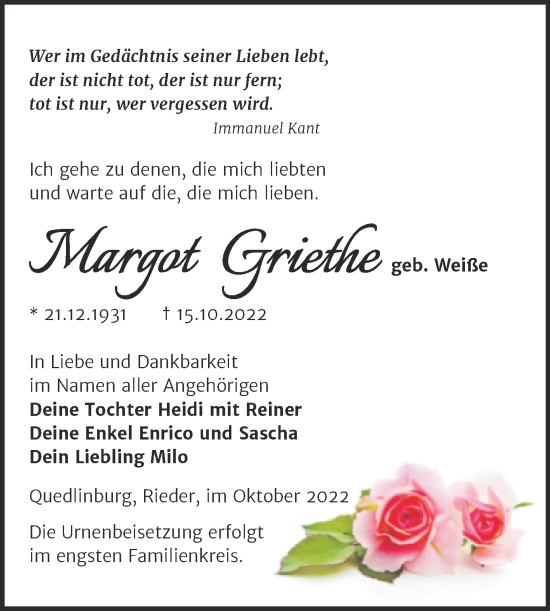 Traueranzeige von Margot Griethe von Trauerkombi Quedlinburg
