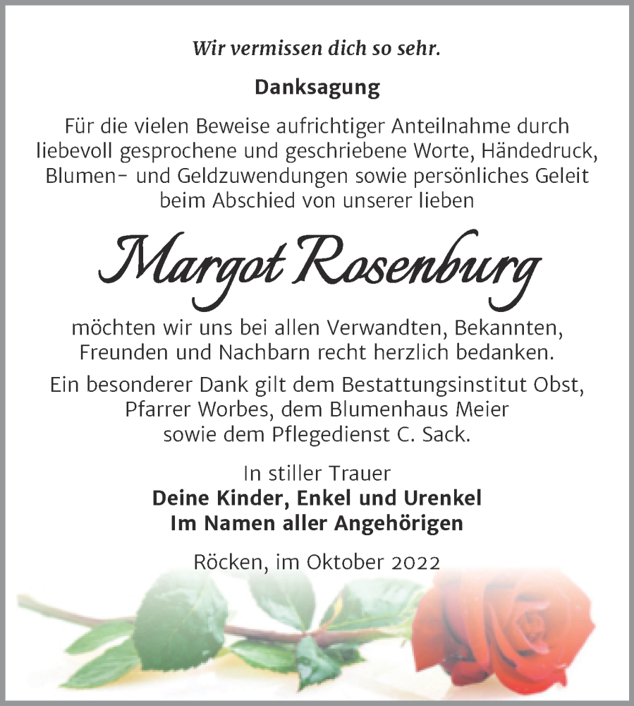  Traueranzeige für Margot Rosenburg vom 15.10.2022 aus Trauerkombi Weißenfels