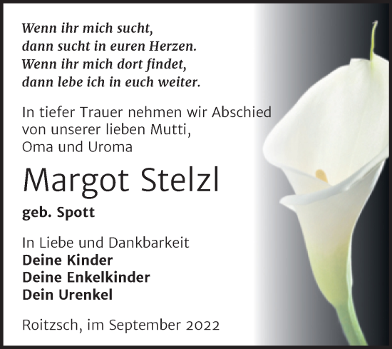Traueranzeige von Margot Stelz von Trauerkombi Bitterfeld