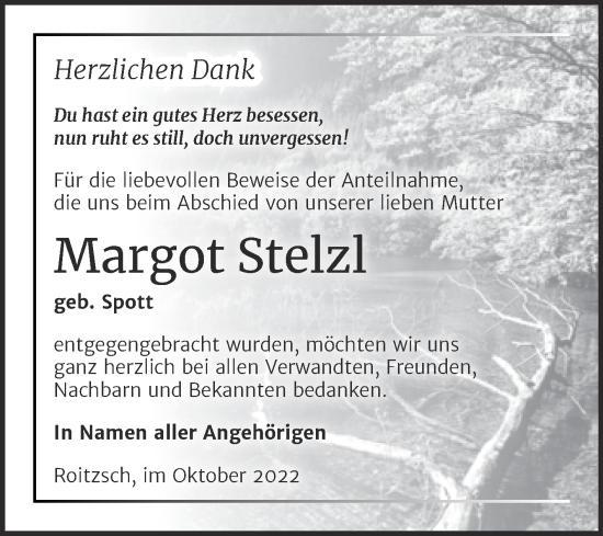Traueranzeige von Margot Stelzl von Trauerkombi Bitterfeld
