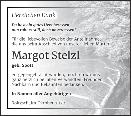 Traueranzeige von Margot Stelzl von Trauerkombi Bitterfeld