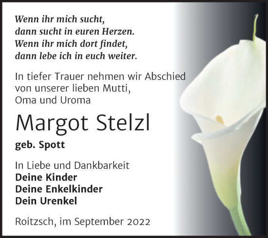Traueranzeige von Margot Stelzl von Trauerkombi Bitterfeld