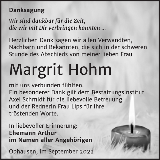 Traueranzeige von Margrit Hohm von Trauerkombi Merseburg