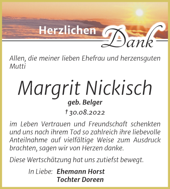 Traueranzeige von Margrit Nickisch von Trauerkombi Wittenberg