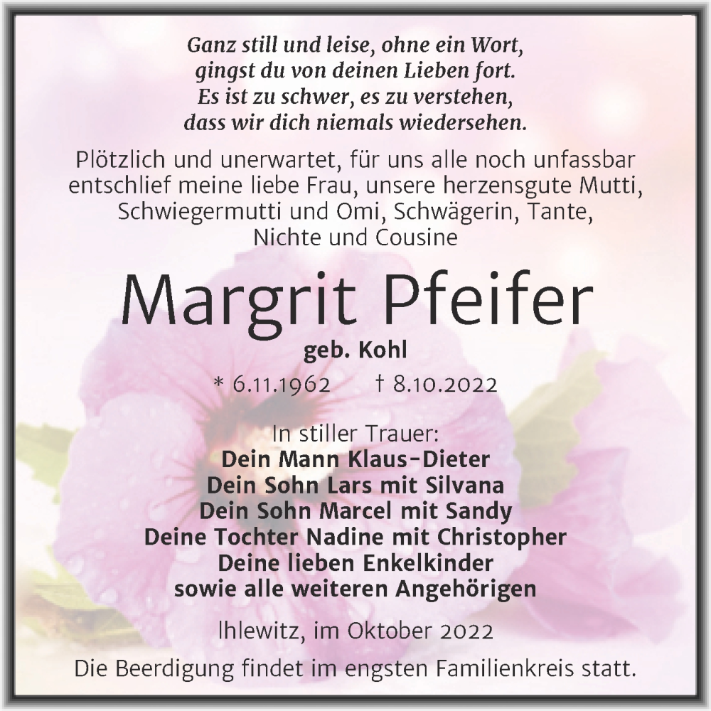  Traueranzeige für Margrit Pfeifer vom 13.10.2022 aus Trauerkombi Mansfelder Land