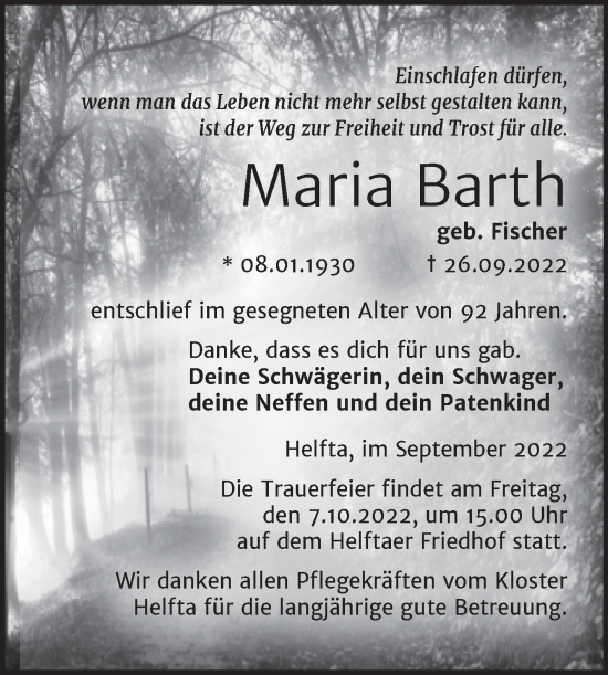 Traueranzeige von Maria Barth von Trauerkombi Mansfelder Land