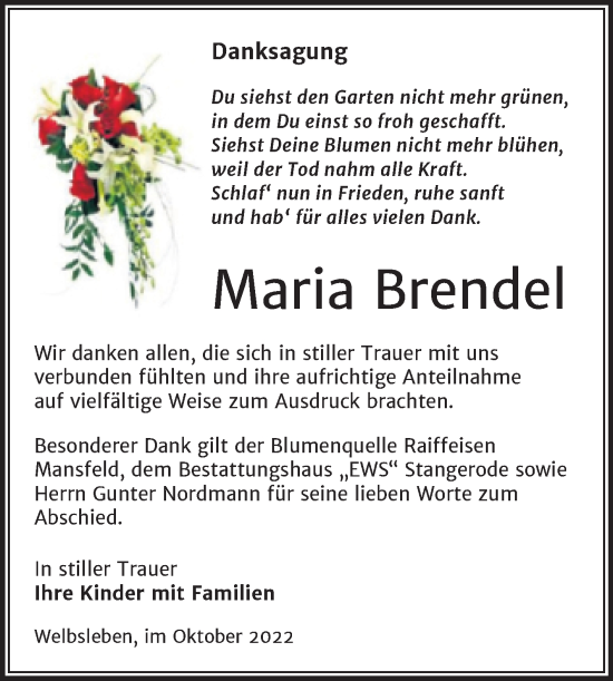 Traueranzeige von Maria Brendel von Trauerkombi Mansfelder Land
