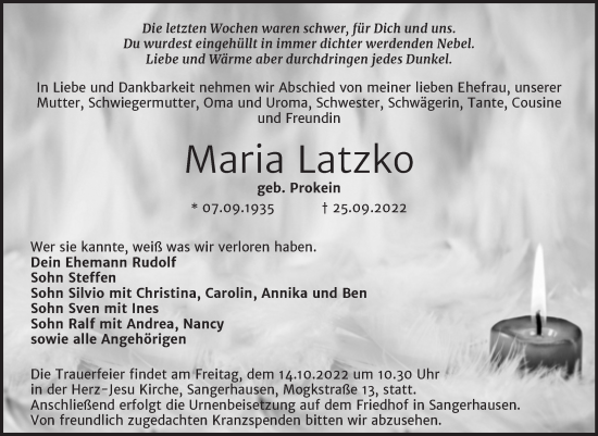 Traueranzeige von Maria Latzko von Trauerkombi Sangerhausen