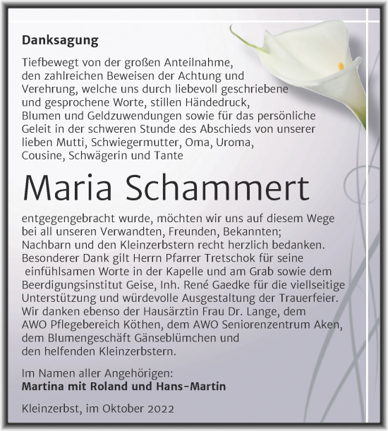 Traueranzeige von Maria Schammert von Trauerkombi Köthen