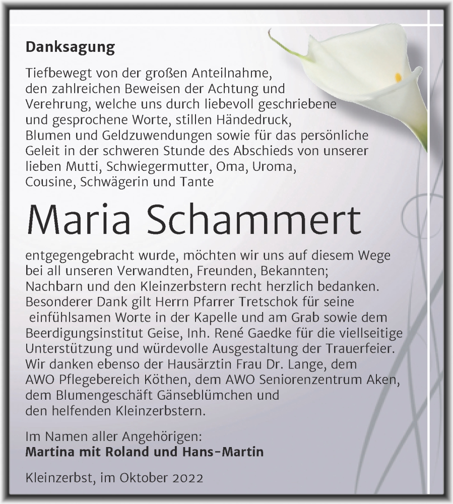  Traueranzeige für Maria Schammert vom 07.10.2022 aus Trauerkombi Köthen