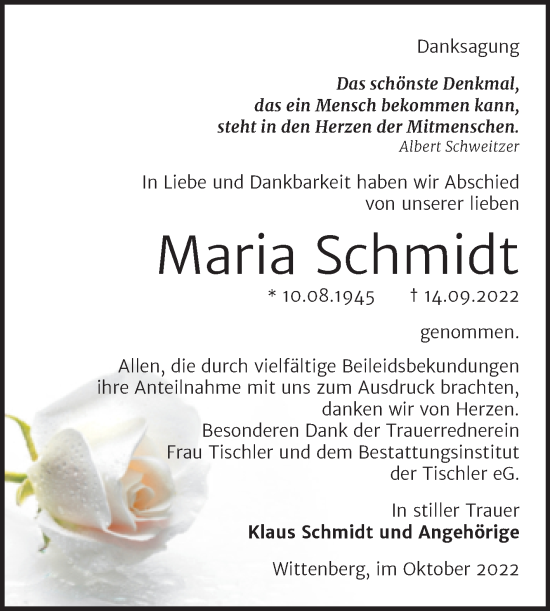 Traueranzeige von Maria Schmidt von Trauerkombi Wittenberg