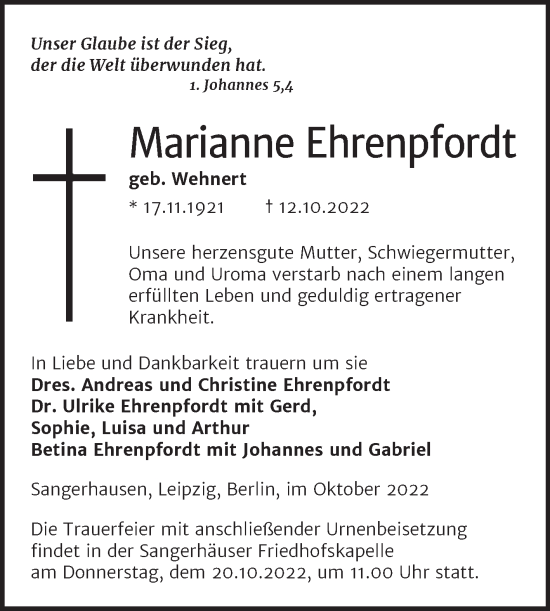 Traueranzeige von Marianne Ehrenpfordt von Trauerkombi Sangerhausen