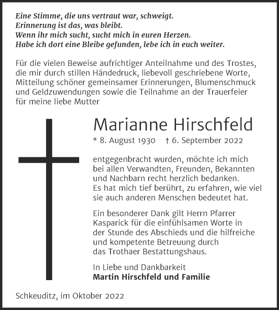 Traueranzeige von Marianne Hirschfeld von Mitteldeutsche Zeitung Halle/Saalkreis