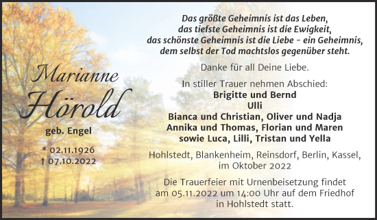 Traueranzeige von Marianne Hörold von Trauerkombi Sangerhausen