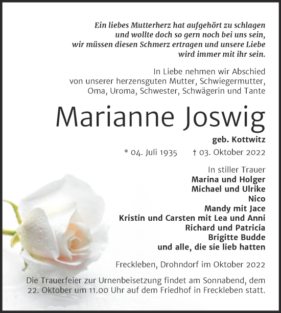 Traueranzeige von Marianne Joswig von Trauerkombi Aschersleben