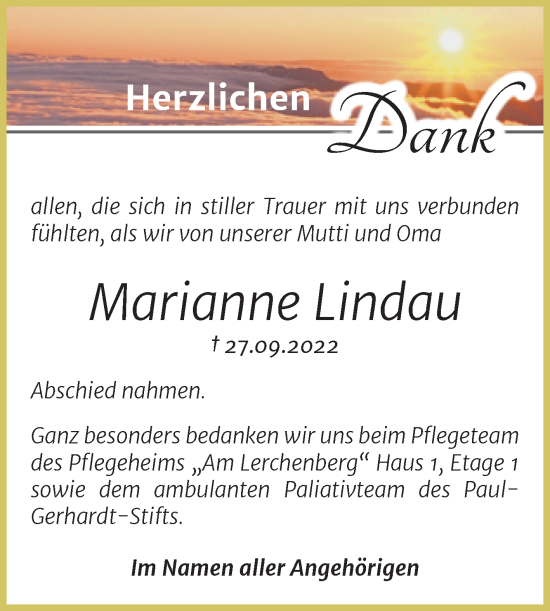 Traueranzeige von Marianne Lindau von Trauerkombi Wittenberg