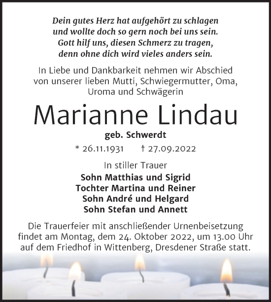 Traueranzeige von Marianne Lindau von Trauerkombi Wittenberg