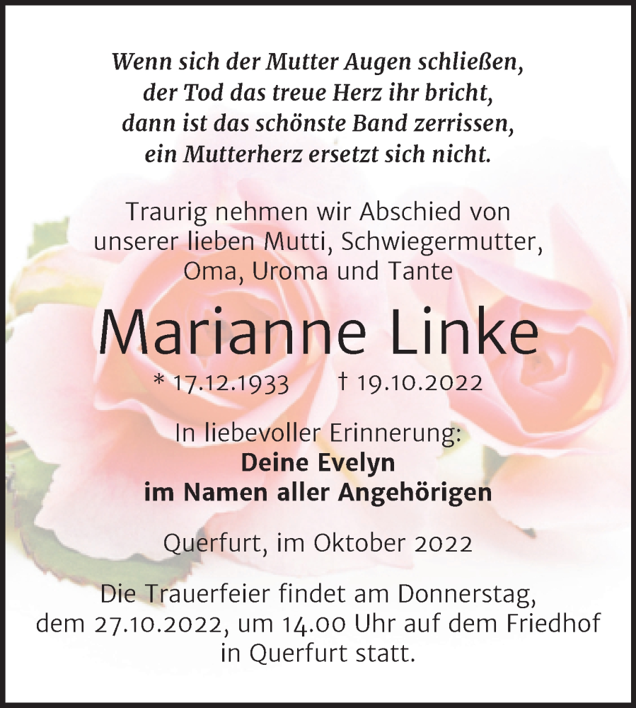  Traueranzeige für Marianne Linke vom 25.10.2022 aus Trauerkombi Merseburg