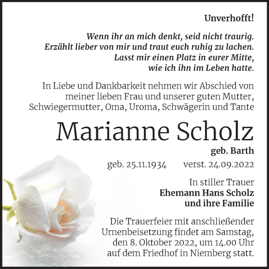 Traueranzeige von Marianne Scholz von Mitteldeutsche Zeitung Halle/Saalkreis