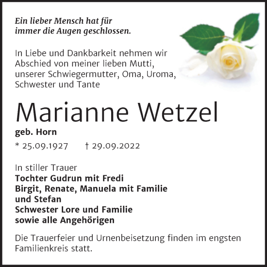 Traueranzeige von Marianne Wetzel von Trauerkombi Wittenberg