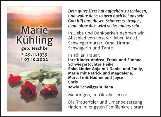 Traueranzeige von Marie Kühling von Trauerkombi Aschersleben