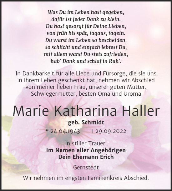 Traueranzeige von Marie Katharina Haller von Wochenspiegel Naumburg/Nebra