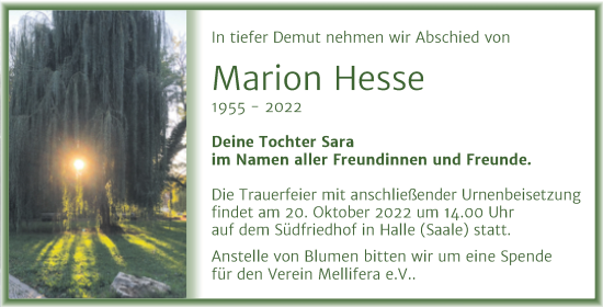 Traueranzeige von Marion Hesse von Mitteldeutsche Zeitung Halle/Saalkreis