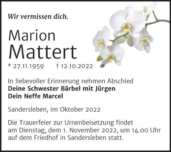Traueranzeige von Marion Mattert von Trauerkombi Mansfelder Land
