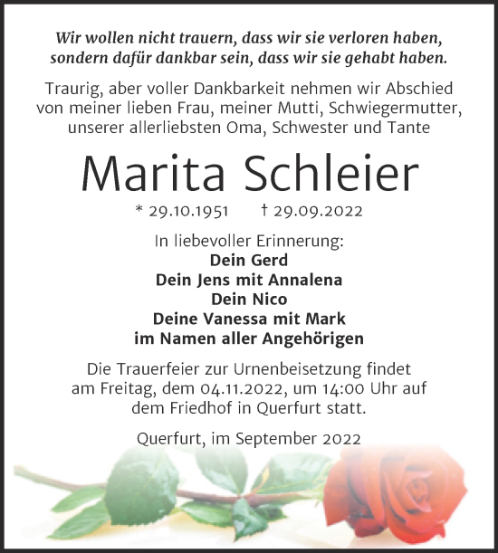 Traueranzeige von Marita Schleier von Trauerkombi Merseburg