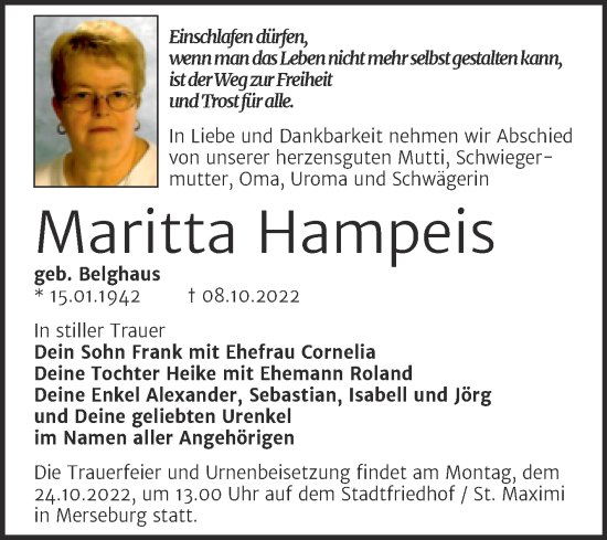 Traueranzeige von Maritta Hampeis von Trauerkombi Merseburg