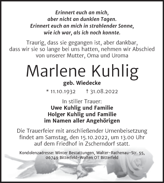 Traueranzeige von Marlene Kuhlig von Trauerkombi Bitterfeld