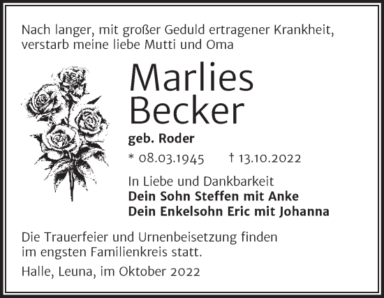 Traueranzeige von Marlies Becker von Trauerkombi Merseburg