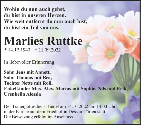 Traueranzeige von Marlies Ruttke von Trauerkombi Dessau