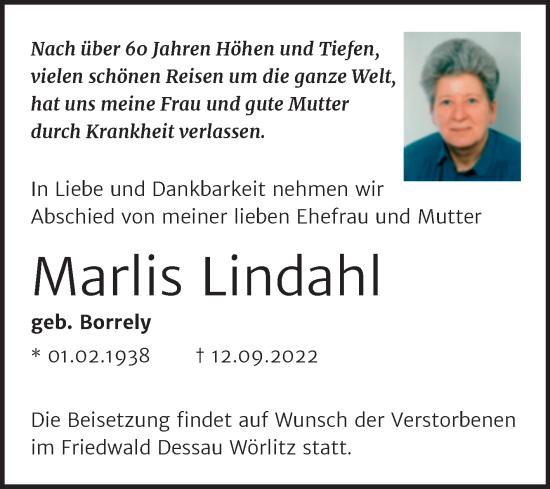 Traueranzeige von Marlis Lindahl von Mitteldeutsche Zeitung Halle/Saalkreis
