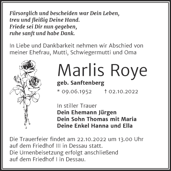 Traueranzeige von Marlis Roye von Trauerkombi Dessau