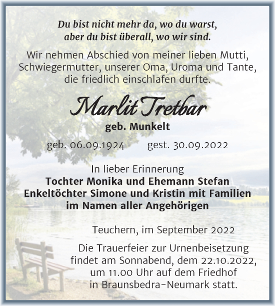 Traueranzeige von Marlit Tretbar von Trauerkombi Weißenfels
