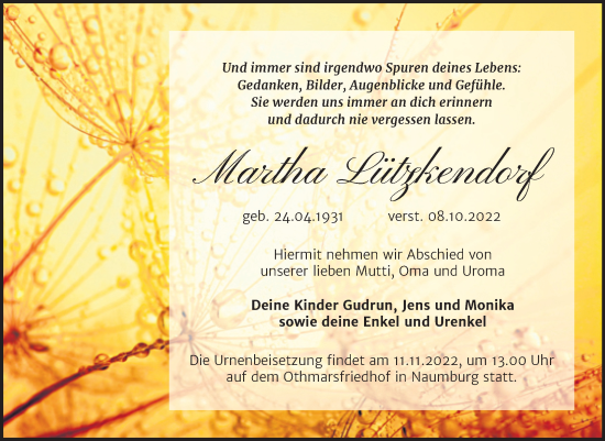Traueranzeige von Martha Lützkendorf von Naumburger Tageblatt