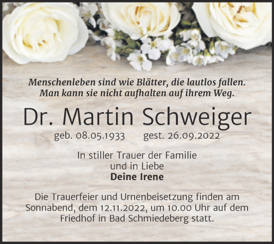 Traueranzeige von Martin Schweiger von Trauerkombi Wittenberg