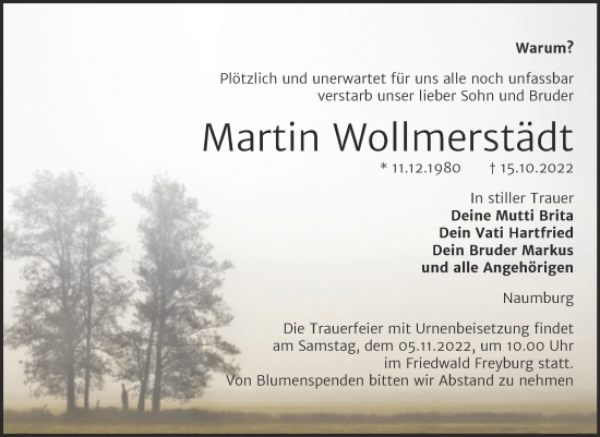 Traueranzeige von Martin Wollmerstädt von Wochenspiegel Naumburg/Nebra