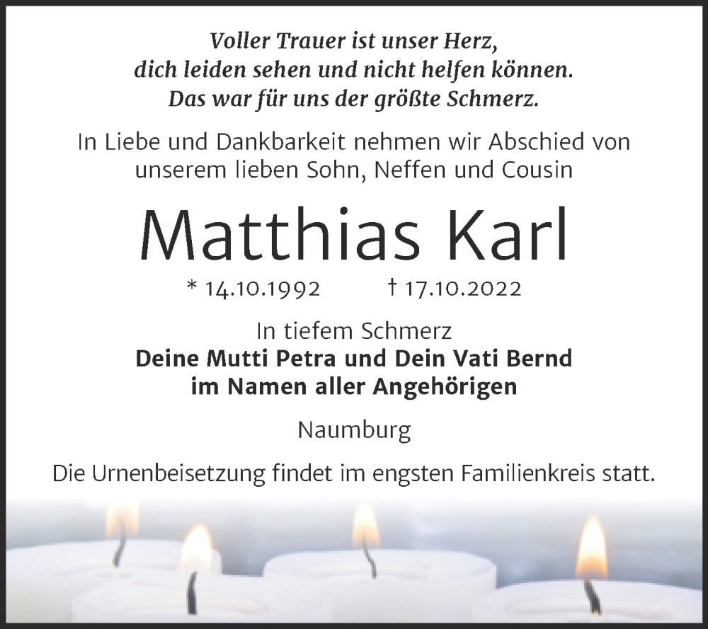  Traueranzeige für Matthias Karl vom 26.10.2022 aus Wochenspiegel Naumburg/Nebra