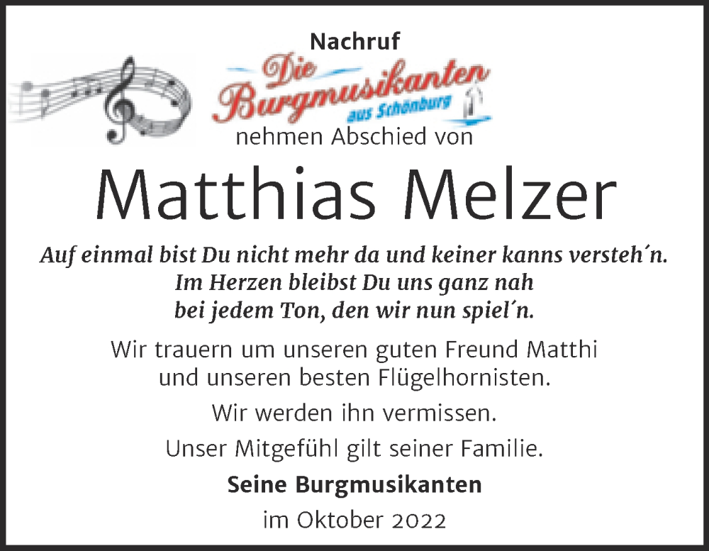  Traueranzeige für Matthias Melzer vom 12.10.2022 aus Wochenspiegel Naumburg/Nebra