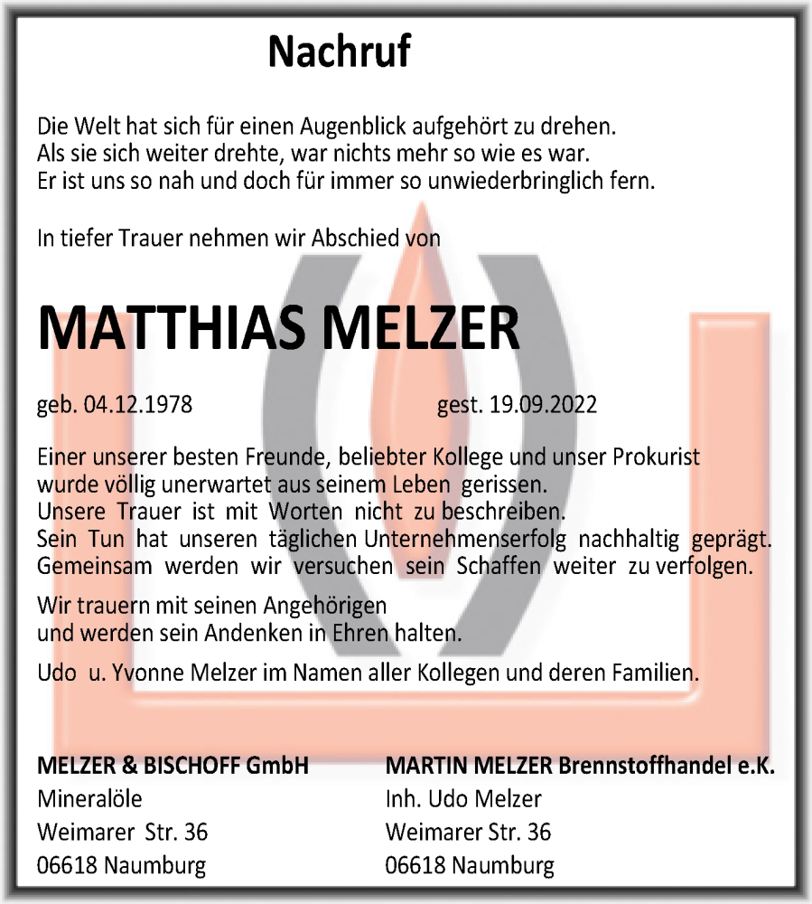 Traueranzeige für Matthias Melzer vom 01.10.2022 aus Naumburger Tageblatt