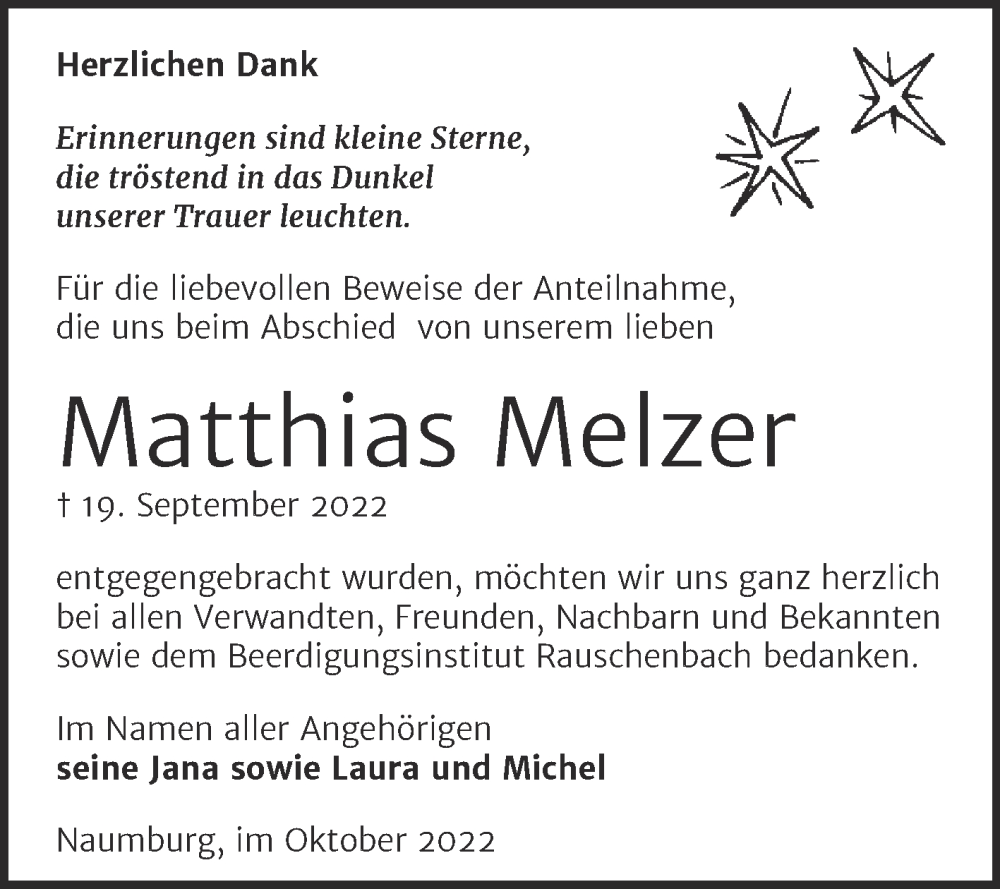  Traueranzeige für Matthias Melzer vom 19.10.2022 aus Wochenspiegel Naumburg/Nebra